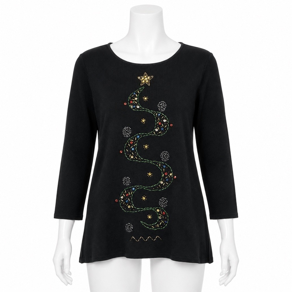 Lucia Burns Christmas Tree Sweater Beaded Sequin Holiday Womens Large Knit NWT